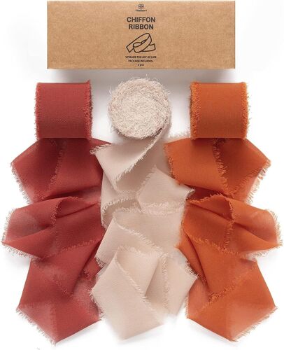 Ruban En Mousseline De Soie Orange Brûlé, Fait Main Avec Franges, Total 3,8 Cm X 19,2 M, Ruban Effiloché Pour Invitations De Mariage, Bouquets De Mariée, Cadeaux Emballages, Bricolage
