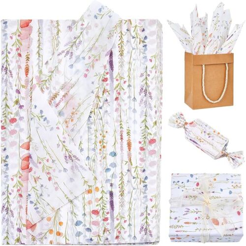 100pcs Papier d'emballage Cadeau ¿¿ Motif Floral Sauvage Aquarelle Vintage Color¿¿ Fleurs Sauvages Papier de Soie Recyclable pour Bricolage Emballage Cadeau d'anniversaire de Mariage 50x35cm