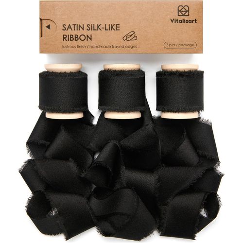 Ruban De Satin À Franges Noir 2.5 Cm X 13.7 M, Ruban Tissu Fait Main Pour Emballage Cadeau, Bouquets De Mariage, Décorations De Fête