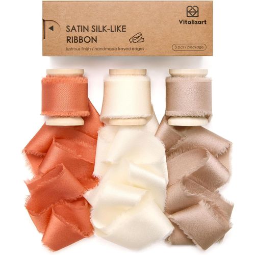 Ruban De Satin À Franges Terre Cuite & Crème & Champagne 2.5 Cm X 13.7 M,Ruban Tissu Fait Main Pour Emballage Cadeau,Bouquets De Mariage,Décorations De Fête