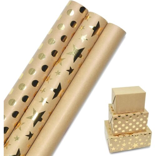TIANYI-3 rouleaux de papier d'emballage kraft métallisé et brillant étoiles et points 17x10 pieds papier d'emballage recyclable pour anniversaires décorations de cadeaux de festival de mariage