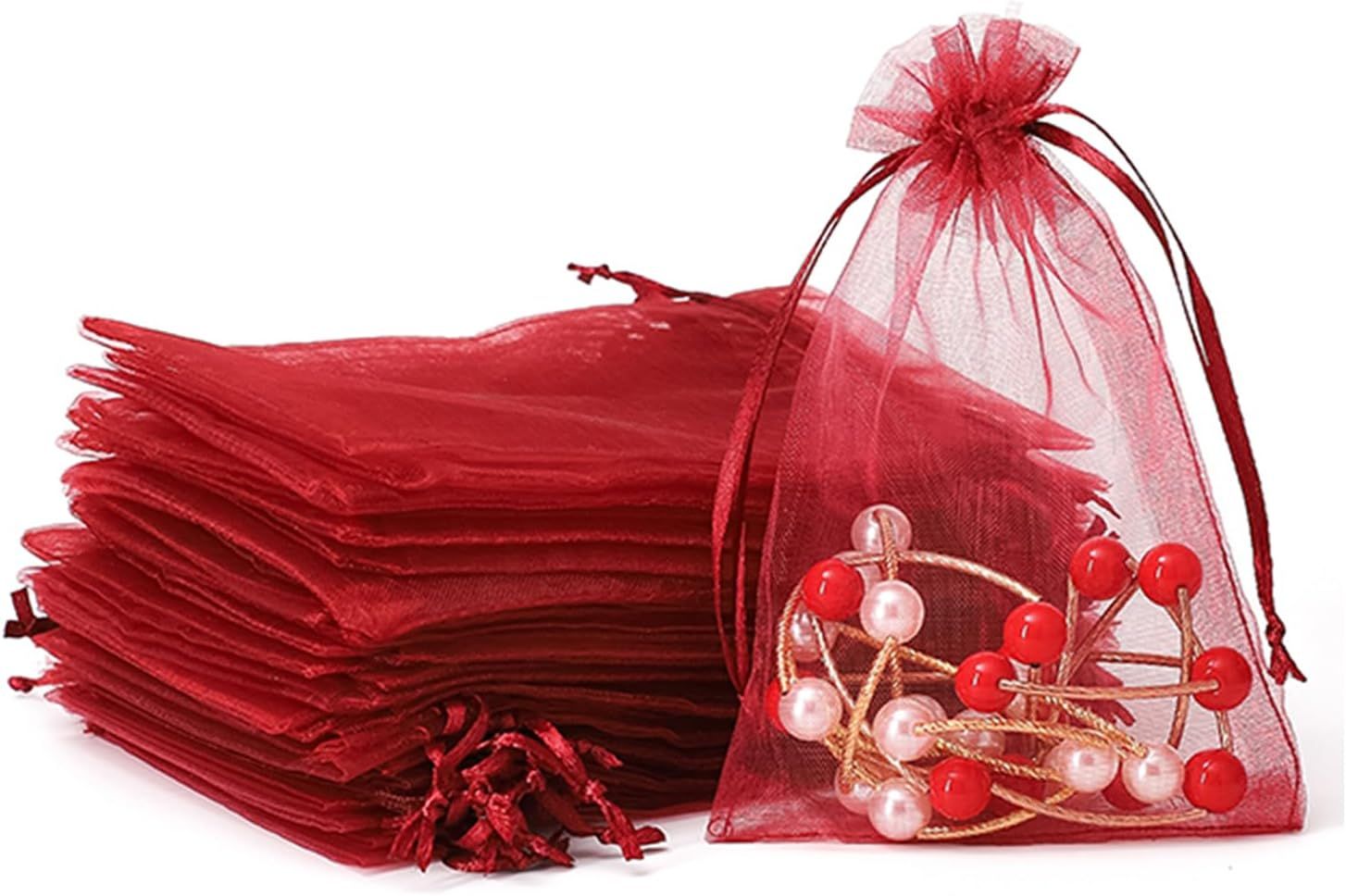 50Pcs Sachet Organza Rouge Pochette Cadeau Bonbon Avec 100Pcs