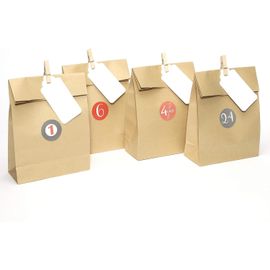 24 Sacs Cadeaux en Papier Kraft, Sacs en Papier Colorés, Recyclable avec Autocollants, Sac Idéal pour les Calendriers de l'Avent DIY ou les cadeaux de Noël