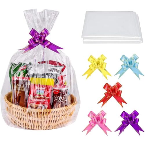 24 Pièces Sacs Clairs De Panier-Cadeau, 32 X 22pouces Cellophane Présenter Des Sacs D'emballage Pour Fabrication De Paniers De Cadeaux Paniers D'emballage D'artisanat (Avec Ruban De 24pcs)