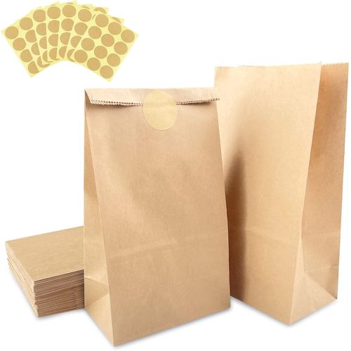 Fousenuk 50 Pièces Sac Kraft 13 x 8 x 24 cm, Sac en Papier Kraft avec 84 Autocollants, Petit Sac Cadeau Kraft, Sachet Papier pour Shopping, Emballage, Vente Au Détail, Mariage, Anniversaire, Noël