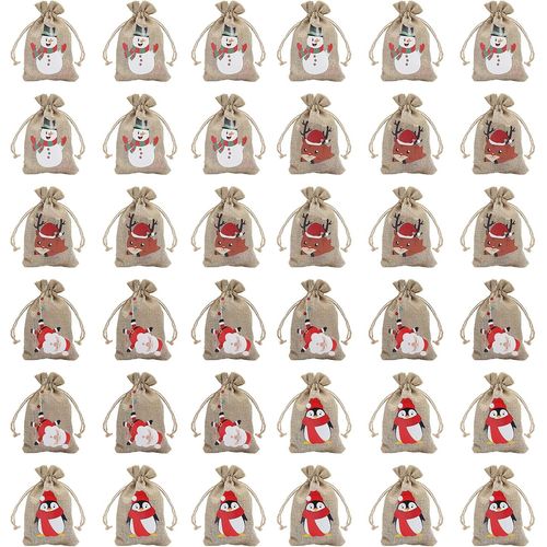 Sac Cadeau Toile de Jute - Pochette Cadeau en Jute Double Cordon Bonhomme de Neige, Père Noël, Renne, Pingouin Sac en Jute Ecologique pour Cadeau de Noel (Marron, 4 motifs - Lot de 36)