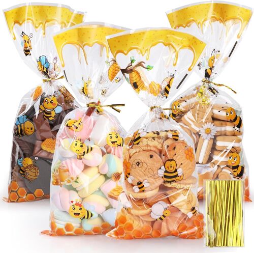 100 Pièces Sachet Plastique Sac D'emballage De Bonbons De Petite Abeille, 4 Modèles Sachet Bonbons Sachets Transparents Pour Biscuits Pochette Avec Cravates Torsadées Pour Les, 27 X 12,5 Cm