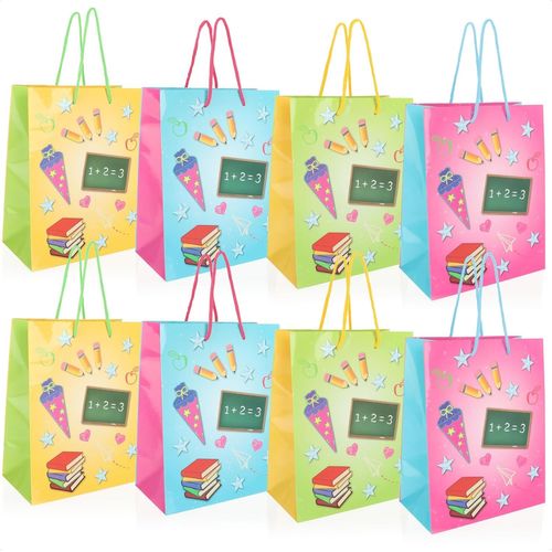 TRAHOO-COM-FOUR® 8x sac cadeau, emballage cadeau pour les débutants à l'école, cartable carré avec poignées, sac en carton pliable pour l'inscription à l'école (8 pièces - 4 couleurs)