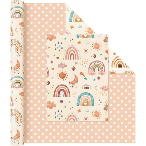 Papier cadeau arc-en-ciel - 1 rouleau de papier cadeau bohème, 43 cm x 10 m, pour fête prénatale, pour nouveau-né, fille, comme cadeau d'invités pour anniversaires d'enfants, motif à pois
