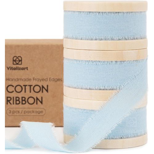 Ruban De Coton 1,6 Cm X 19,2 M (3 Rouleaux*6,4 M) Bleu Clair,Franges Faites Main Rubans En Tissu Pour Invitations De Mariage Bouquets De Mariée Vacances Décoration Emballage Cadeau