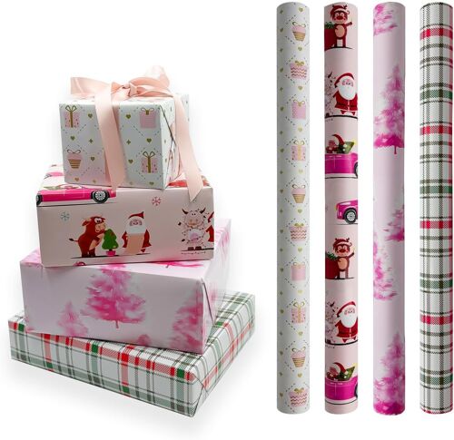 Rouleaux De Papier Cadeau Rose, 4 Rouleaux De 43 Cm X 3 Mètres, Convient Pour Noël, Anniversaire, Fête, Mariage, Baby Shower, Décorations De Cadeaux De Festival