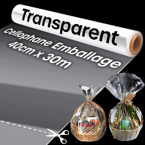 Papier Transparent Emballage (40cm X 30m) Sachet Bonbon Papier Cadeau Transparent Cellophane Pour Noël, Paniers Garnis, Anniversaires Et Diy (2,5 Mm D'épaisseur)