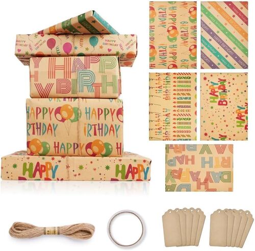 Papier Cadeau, 5pcs Papier D'emballage Cadeau Kraft Anniversaire 70x50cm Avec 10 Étiquettes+Ruban Adhésif Double Face+10m Corde De Paille Pour Femme Fille Homme Garcon Enfant
