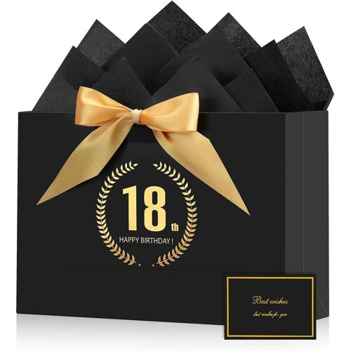 Sac Cadeau Anniversaire 18 Ans - Sac Cadeaux Exquis Grand Format Noirs et Or, Pochette Cadeau avec 2 Feuilles Papier d'Emballage 1 Carte Pour Femme et Homme, Gift Bags Luxe, D¿¿coration de F¿ºte