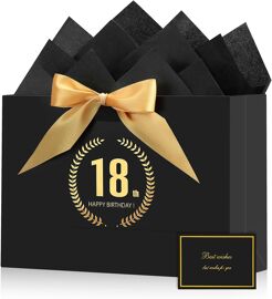 Sac Cadeau Anniversaire 18 Ans - Sac Cadeaux Exquis Grand Format Noirs et Or, Pochette Cadeau avec 2 Feuilles Papier d'Emballage 1 Carte Pour Femme et Homme, Gift Bags Luxe, D¿¿coration de F¿ºte