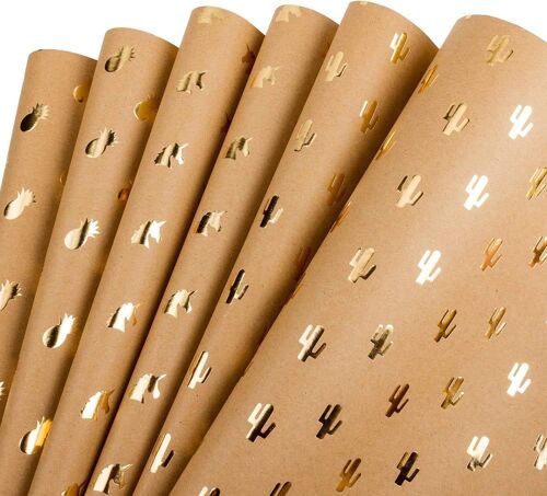 Feuille De Papier D'emballage Kraft - Feuille D'or Ananas Cactus Licorne Papier Kraft Imprimé - 44,5 X 76 Cm - 6 Feuilles Emballées En 1 Rouleau