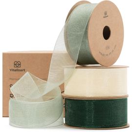 Ruban En Organza Blanc & Vert, 2,5 Cm X 27,4 M (3 Rouleaux*9,1 M), Ruban Cadeau Large En Tissu Pour Artisanat, Emballage Cadeau, Arbre De Noël, N?uds, Invitations De Mariage