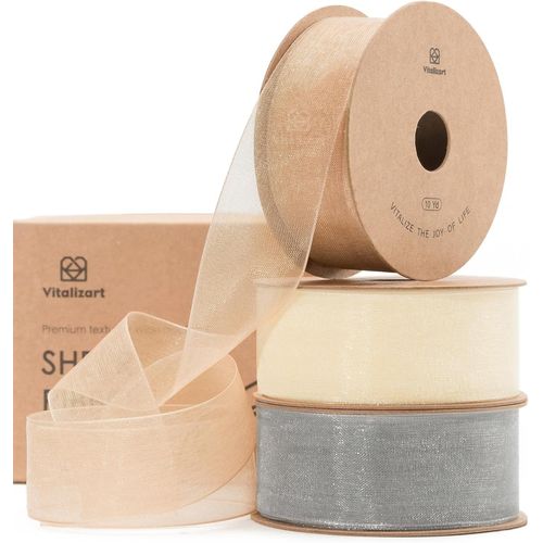 Ruban En Organza Nude & Crème & Gris Argenté,2,5 Cm X 27,4 M (3 Rouleaux*9,1 M),Ruban Cadeau Large En Tissu Pour Artisanat,Emballage Cadeau,Arbre De Noël,N?uds,Invitations De Mariage