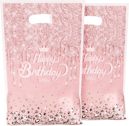 30pcs Sac Cadeau Anniversaire Sachet Bonbon Biscuit Pochette Joyeux Anniversaire Happy Birthday Fête Pour Enfant Fille Garçon (Rose)