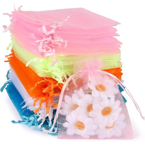 Sacs Organza, Sachet Tulle Coloré, Sachet Bonbon de Mariage Anniversaire Fête, Pochette à Bijoux, Sac de Fleur Séchée, 100 Pcs, 9 x 12 cm