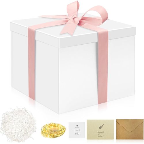 Boîte Cadeau Blanche Avec Couvercle, 23 X 23 X 18 Cm Grand Emballage Cadeau Profond Avec Led Guirlande Lumineuse, Cartes De V?ux, Raffia Hamper Shreds, Pour Anniversaire, Douche Prénatale