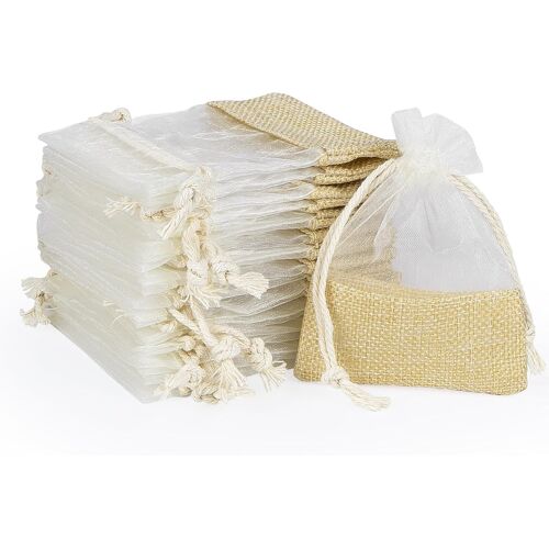 Mevronisshop-36 Petits Sachets En Organza Beige 8x10cm Avec Toile De Jute - Pochette Cadeau À Cordon De Coton Pour Mariage, Bijoux Et Bonbons