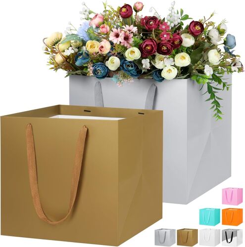 2 Pièces Sacs Cadeaux Grand, 30 X 30 X 30 Cm Pochettes Cadeaux Carrés Avec Poignées, Sac Cadeau De Faveur Pour Fête De Mariage Noël Anniversaire Or/Gris