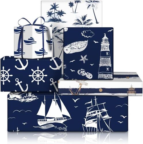 Papier Cadeau Marin Océan, Ancre Nautique, Corde, Poisson, Mouette, Bateau, Phare, Bleu, 50 X 70 Cm, 6 Feuilles Pliées Avec 1 Rouleau De Ruban Bleu, Pour Anniversaire, Vacances, Mariage