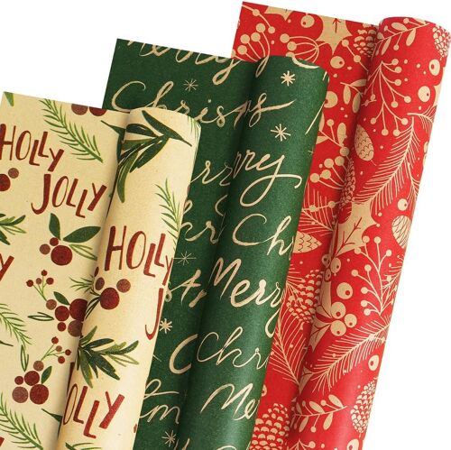 Lot De 3 Rouleaux De Papier Cadeau De Noël, Marron, Vert Et Rouge, Pour Noël, Nouvel An, Vacances D'hiver, 43 Cm X 300 Cm Par Rouleau