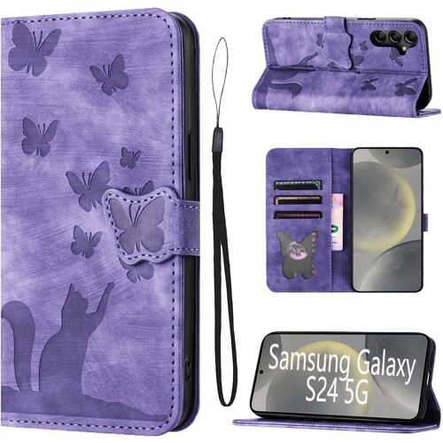 KAL-Housse Protection Pour Samsung Galaxy S24 Matériau En Cuir Pu Coque Samsung Galaxy S24 Avec Fentes Pour Cartes Étui Motif Papillon Chat Coque Samsung S24 Violet