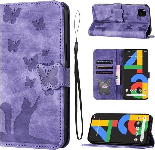 KAL-Étui Pour Google Pixel 4A 4G Matériau En Cuir Pu Coque Pixel 4A Avec Fentes Pour Cartes Housse Protection Motif Papillon Chat Coque Google Pixel 4A Violet