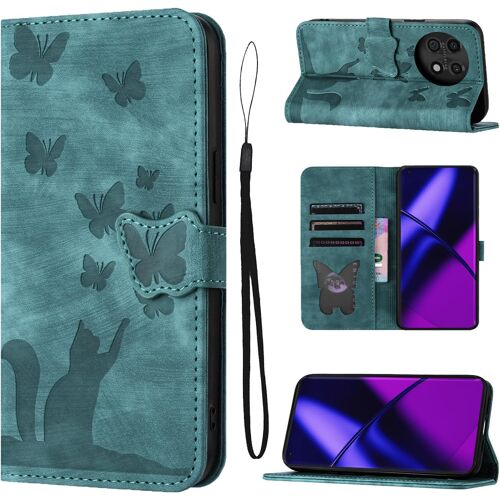 KAL-Housse Protection Pour Oneplus 11 6.7 Zoll Matériau En Cuir Pu Coque Oneplus 11 Avec Fentes Pour Cartes Étui Motif Papillon Chat Oneplus 11 Coque Vert