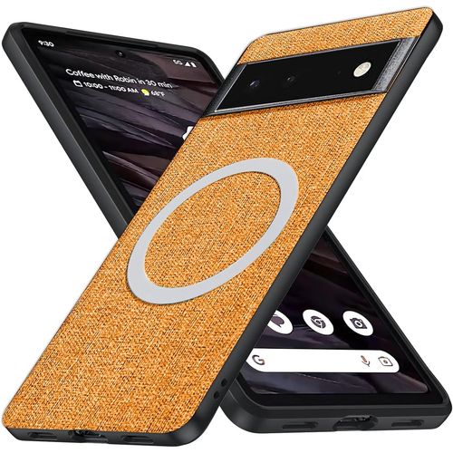KAL-Magnétique Coque Pour Google Pixel 6A Housse Telephone Tissu,Mat Étui Housse De Protection En Silicone Souple Antichoc Anti Rayures Anti-Empreintes Digitales Fine Case-Orange