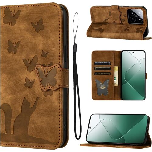 KAL-Housse Protection Pour Xiaomi 14 Matériau En Cuir Pu De Qualité Supérieure Coque Xiaomi 14 Avec Fentes Pour Cartes Motif Papillon Chat Étui Xiaomi 14 Brun