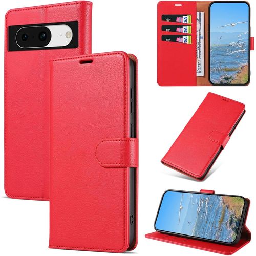 KAL-Coque Pour Google Pixel 8, Antichoc Magnetique Étui À Rabat Avec Porte Cartes, Portefeuille Housse En Cuir Pu Coque Pour Google Pixel 8, Rouge