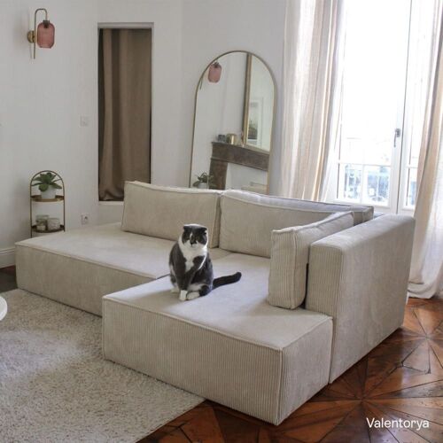 Canapé d'angle à droite convertible 3 places en velours côtelé beige