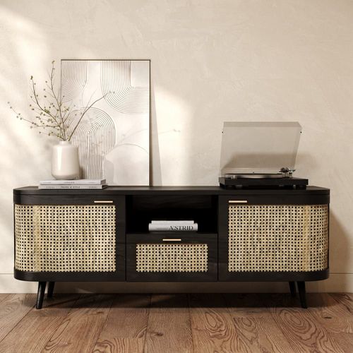 Meuble Tv En Bois De Manguier Et Cannage 145 Cm