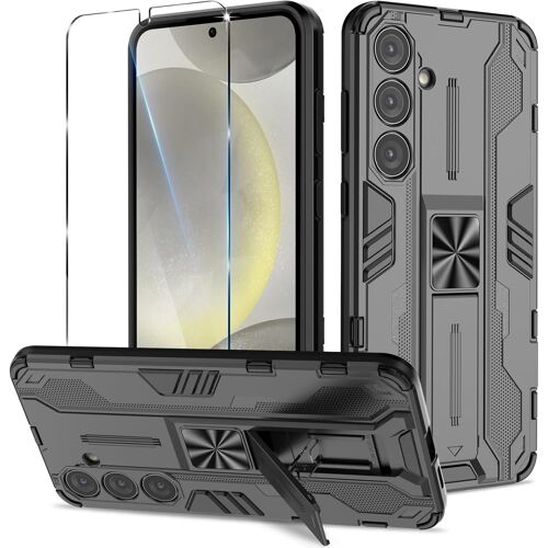 KAL-Coque Pour Samsung Galaxy S24 Plus Avec Verre Trempé, Outdoor Antichoc De Qualité Militaire Coque Avec Béquille Anti Rayure, Compatible Support De Voiture Magnétique - Noir