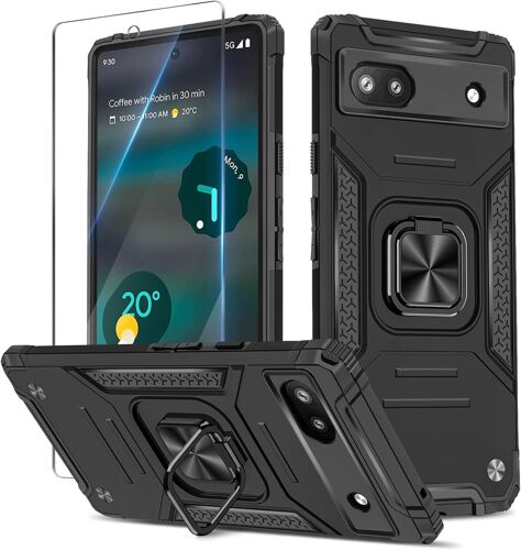 KAL-Coque Pour Google Pixel 6A Avec Verre Trempé, Etui De Protection Antichoc De Qualité Militaire, Housse Avec Anneau Support Métallique, Support De Voiture Compatible, Noir