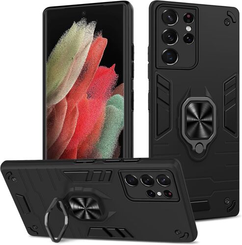 KAL-Coque Pour Samsung Galaxy S21 Ultra, Etui De Protection Antichoc De Qualité Militaire, Housse Avec Anneau Support Métallique, Support De Voiture Compatible, Noir