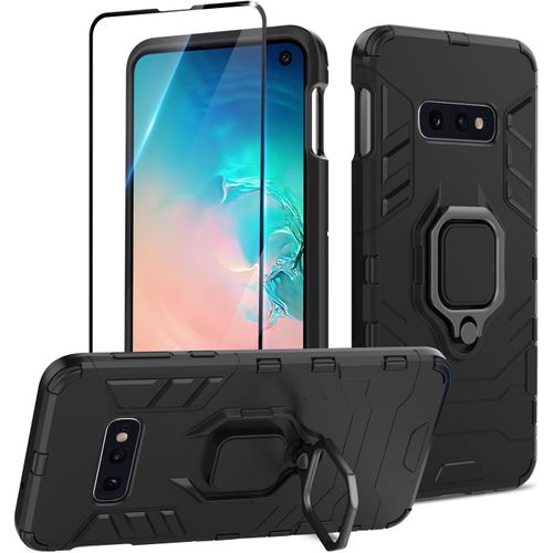Coque Samsung Galaxy S10e Avec Verre Trempé - Protection Anti-Choc Niveau Militaire, 4 Coins Amortisseurs, Béquille Renforcée Aimantée Pour Voiture, Bords Surélevés, Découpes Précises - Noir