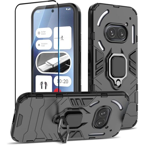 KAL-Coque Pour Nothing Phone 2A / 2A Plus Avec Verre Trempé, Etui De Protection Antichoc De Qualité Militaire, Housse Avec Anneau Support Métallique, Noir