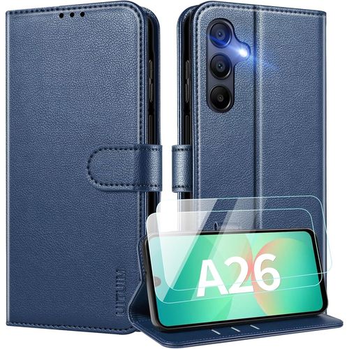Coque Pour Samsung Galaxy A26 5G Coque Etui Portefeuille Cuir Avec 2 Verre Trempé Protection Écran Porte Carte Rabat Clapet Flip Case Étui Cover Housse Etui Pour Samsung Galaxy A26 5G,Bleu