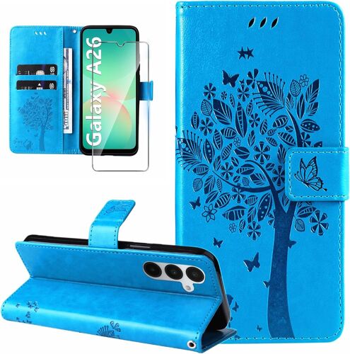 ELVORIX-Coque pour Samsung Galaxy A26 5G Etui Coque Portefeuille Cuir avec Verre Trempé Motif Porte Carte à Rabat Clapet Protection Flip Case Housse Coque pour Samsung Galaxy A26 5G-Bleu