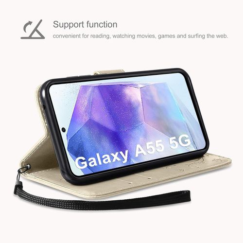 KWEX-Coque Compatible avec Samsung Galaxy A55 5G, Retro Design PU Etui Housse en Cuir Portefeuille de Protection Fonction Stand Video Porte Carte Credit Ticket Flip Case Gold