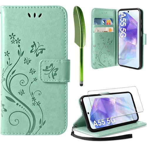Coque Compatible Avec Samsung Galaxy A55 5G, Retro Design Pu Etui Housse En Cuir Portefeuille De Protection Fonction Stand Video Porte Carte Credit Ticket Flip Case Vert
