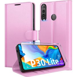 Coque Pour Huawei P30 Lite + 1 Verre Trempé Protection Écran,[Housse Premium En Cuir Pu][Fentes Pour Cartes][Pochette De Portefeuille],Etui À Rabat Pour Huawei P30 Lite - Rose[Pop943898]