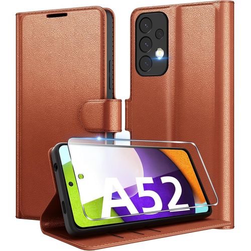 Coque Pour Samsung Galaxy A52 (5g/4g) / A52s 5g + 1 Verre Trempé Protection Écran,[Housse Premium En Cuir Pu][Fentes Pour Cartes][Pochette De Portefeuille],Etui À Rabat - Brun
