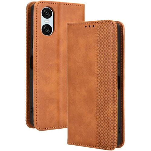KAL-Housse Pour Telephone Sony Xperia 10 Vi Etui, Pu/Tpu Retourner Cuir Coque Magnétique Portefeuille, Marron