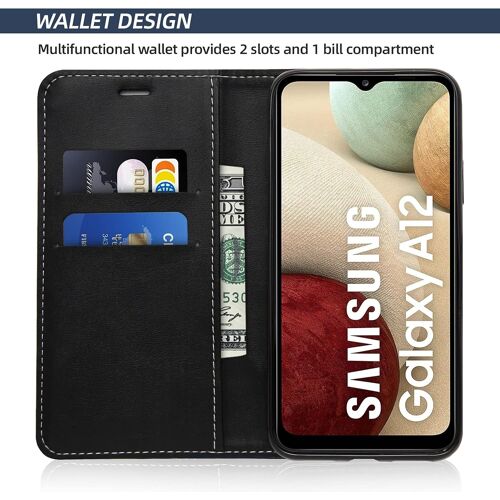 Coque pour Galaxy A12 5G, Portefeuille Etui en Cuir PU, Magnétique Protection Housse Coque pour Samsung Galaxy A12 5G, Noir
